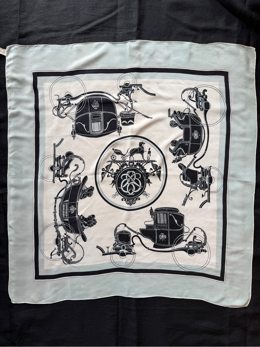 VTG Silk Scarf Carriages 1960's Grey Blue White Black Regency